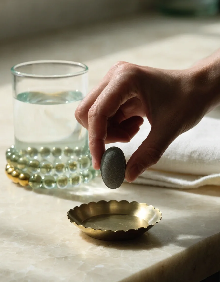 Macro view of a blank mineral tablet split in half on a pale stone countertop in warm raking morning light