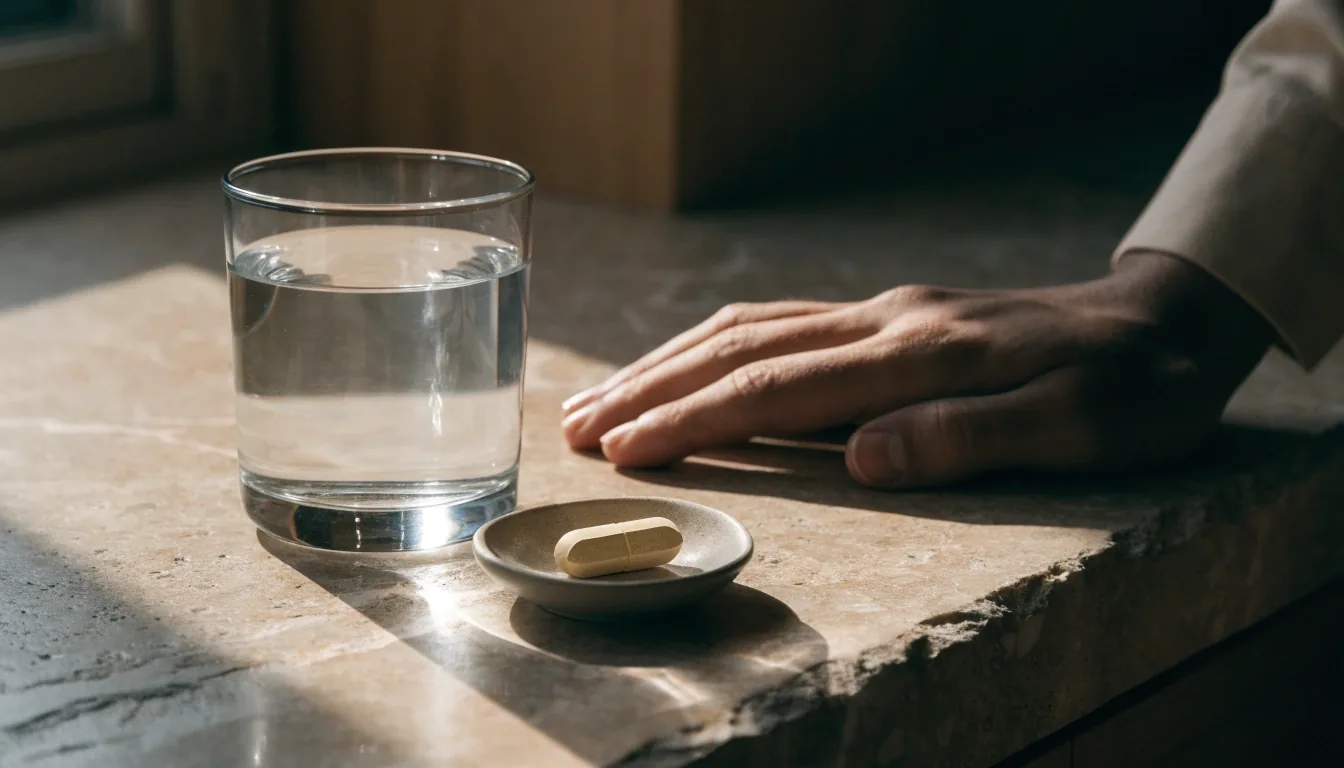 A stack of plain sheets and a glass of water on a stone counter in early morning light