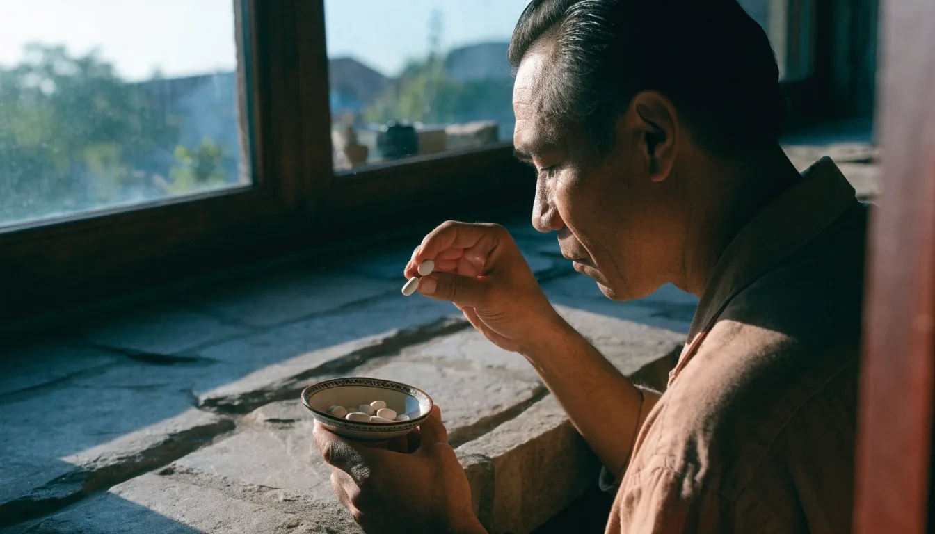 A quiet morning kitchen counter with an empty cup, a plain bottle, and paper resting in warm light