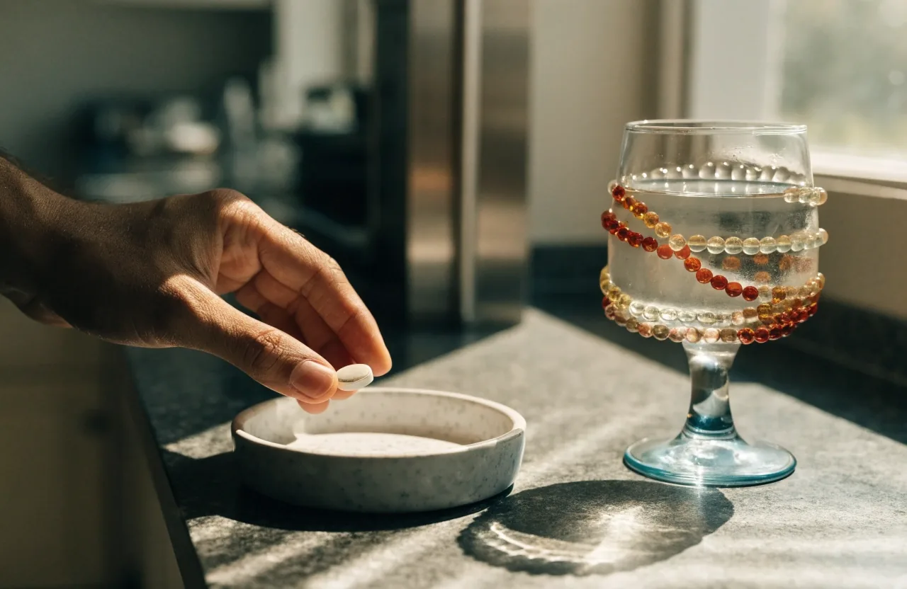 Morning kitchen counter with a plain bottle, a glass of water and a small dish in warm window light
