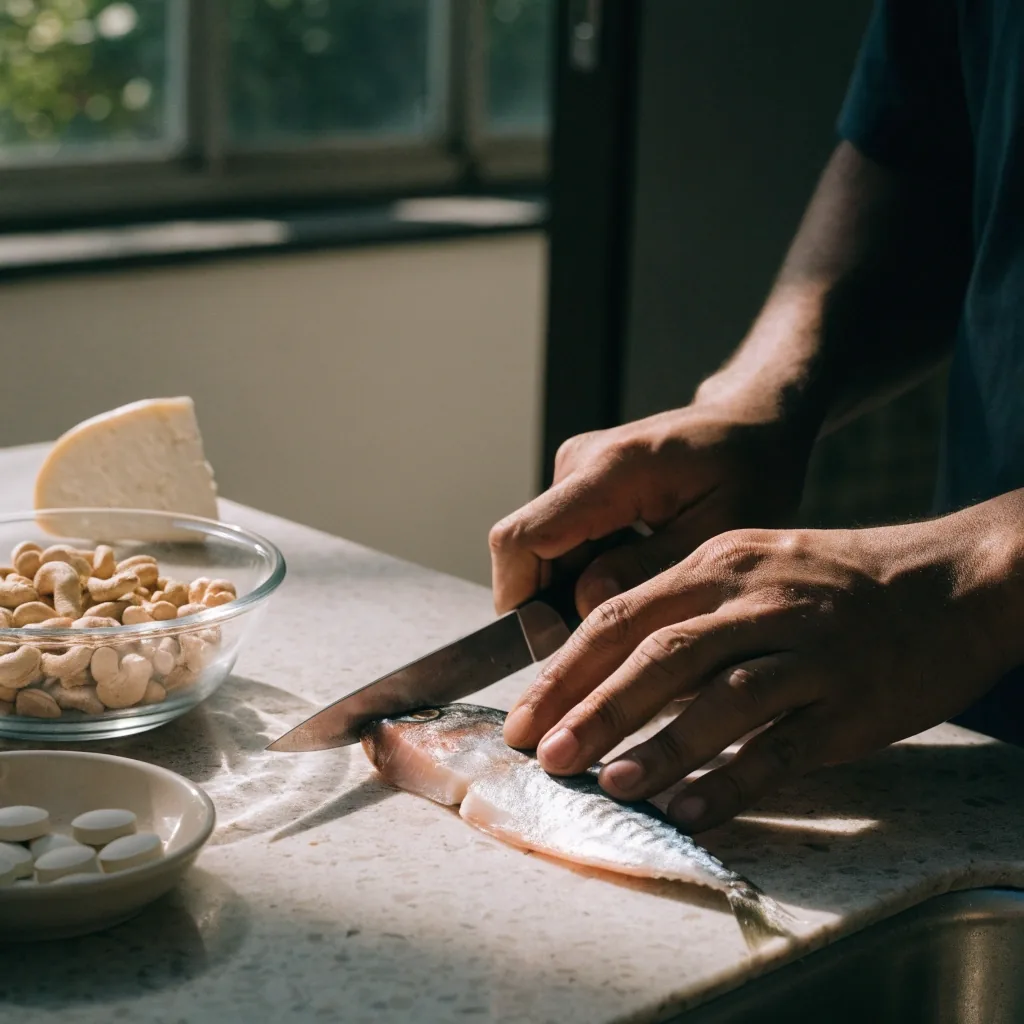 Top-down view of fish, nuts, cheese, greens, and unbranded tablets arranged on cloth in morning light