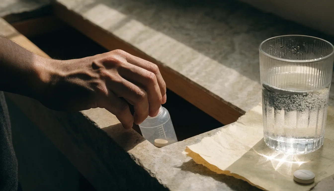 Warm morning light on a Bandung kitchen counter with a glass of water and a single unbranded tablet on handmade paper