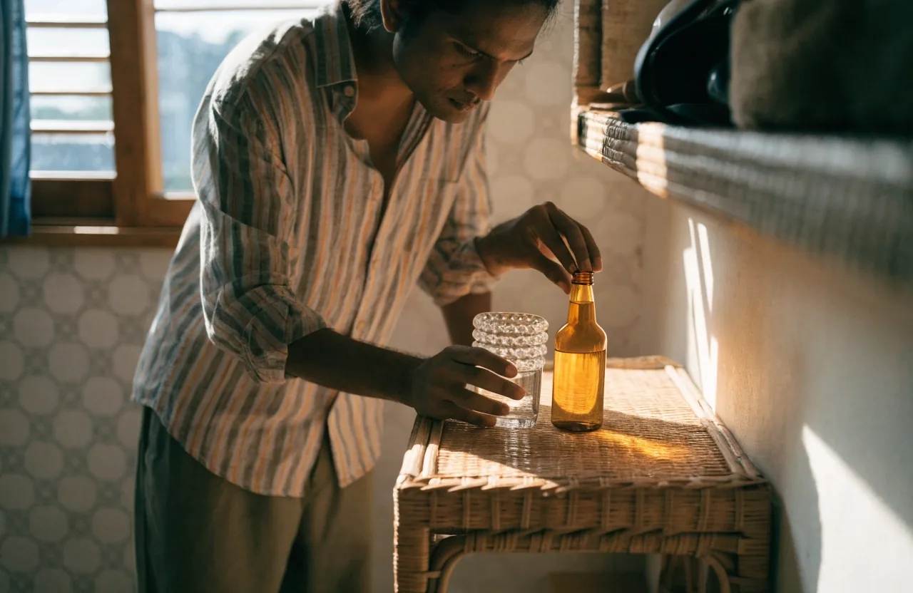 A man's hands on a Bandung kitchen counter at early morning, water glass and unbranded bottle in warm window light